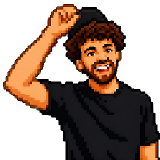Friendly pixel-art portrait of David smiling and lifting his cap